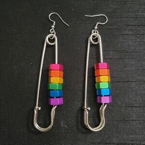 Rainbow hex nut safety pin earrings, stainless steel hooks
